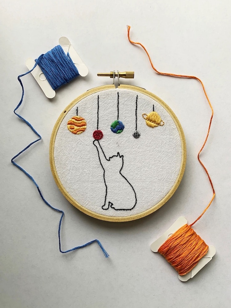Cat and Planets Embroidery Kit
