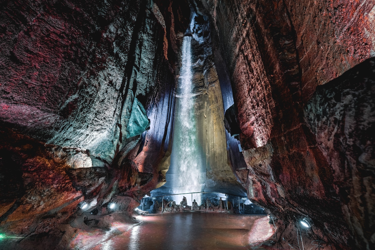 The tall and cavernous Ruby Falls in Tennessee