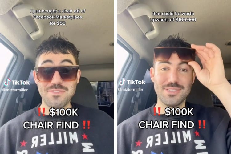 screengrabs from tiktok showing man who buy a vintage chair for $50 and could be sold for $50,000